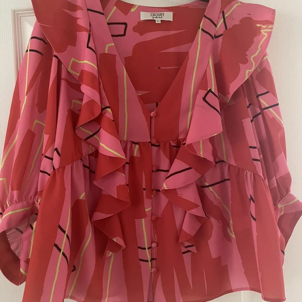 CROSBY by Mollie Burch Pink and Red Ruffle Blouse